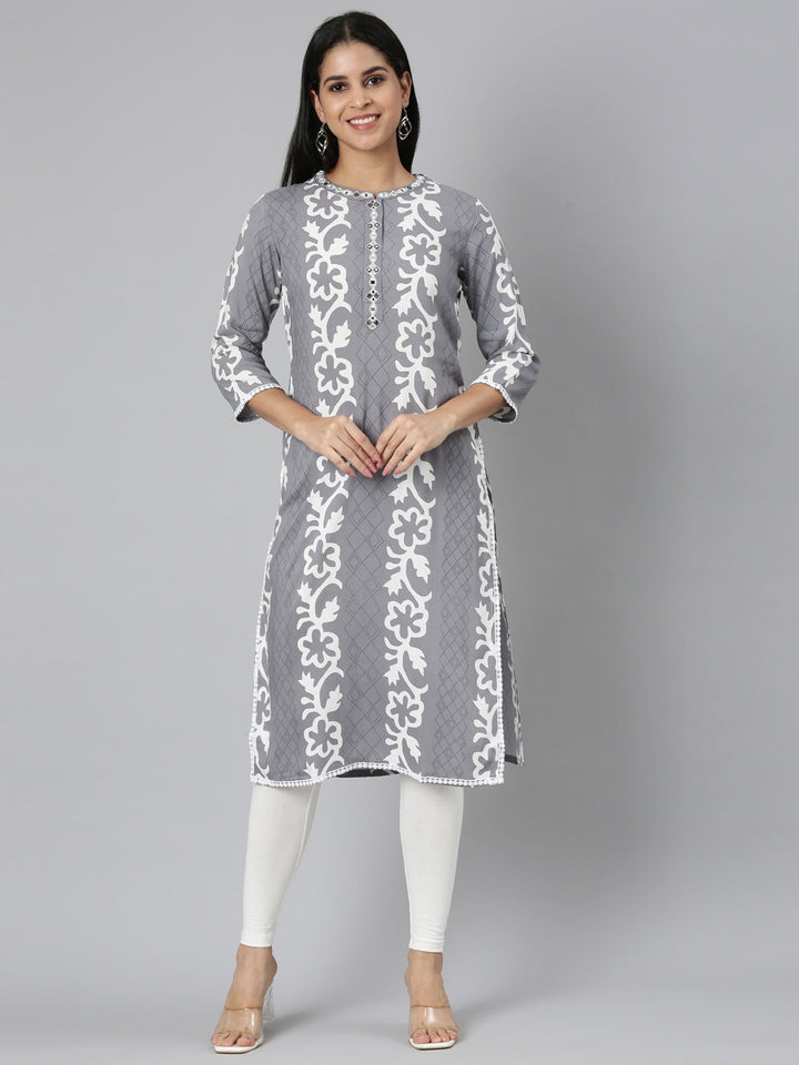 Neerus Grey rayon printed straight kurta - front view