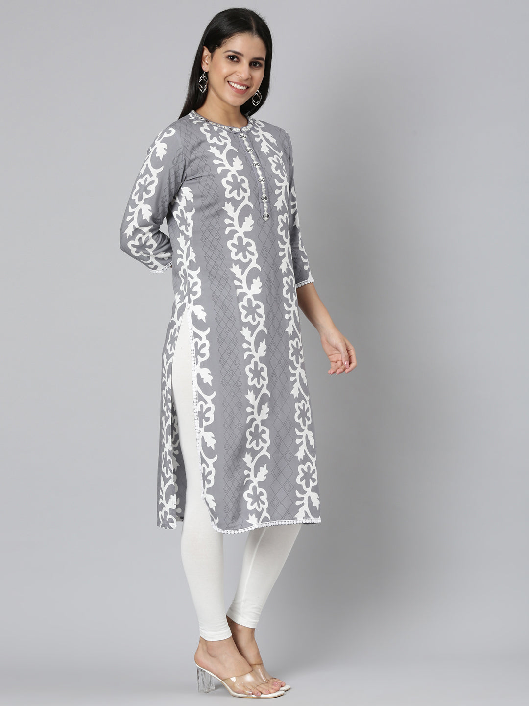 Neerus Grey rayon printed straight kurta - back view