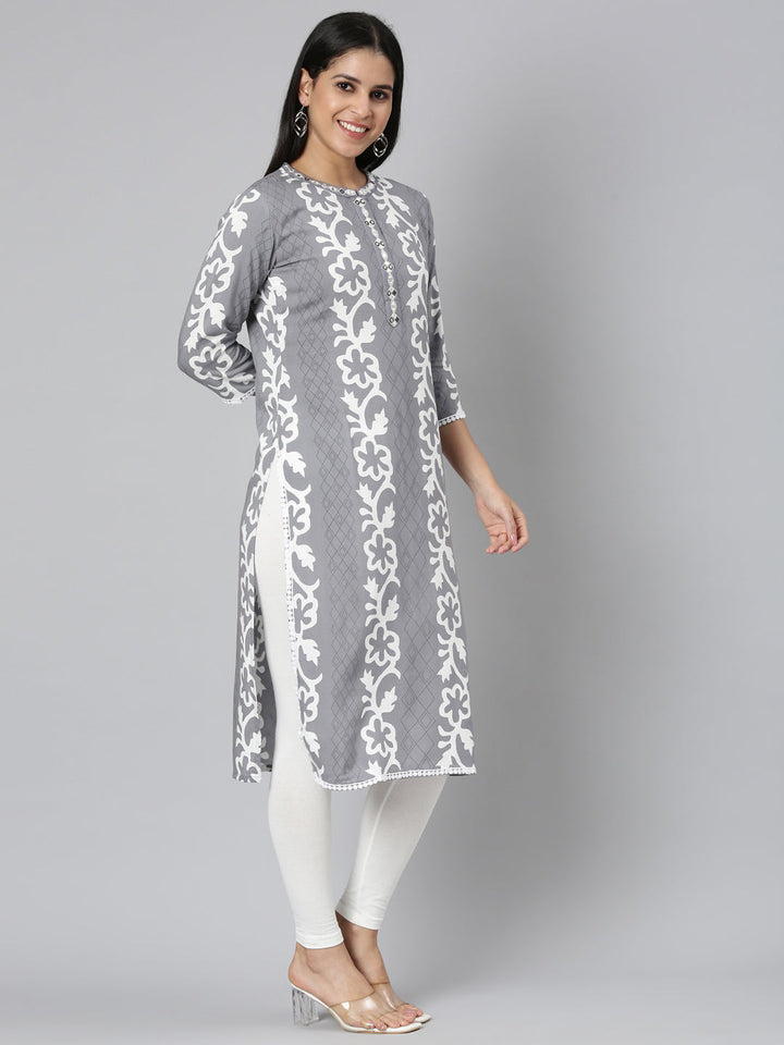 Neerus Grey rayon printed straight kurta - back view