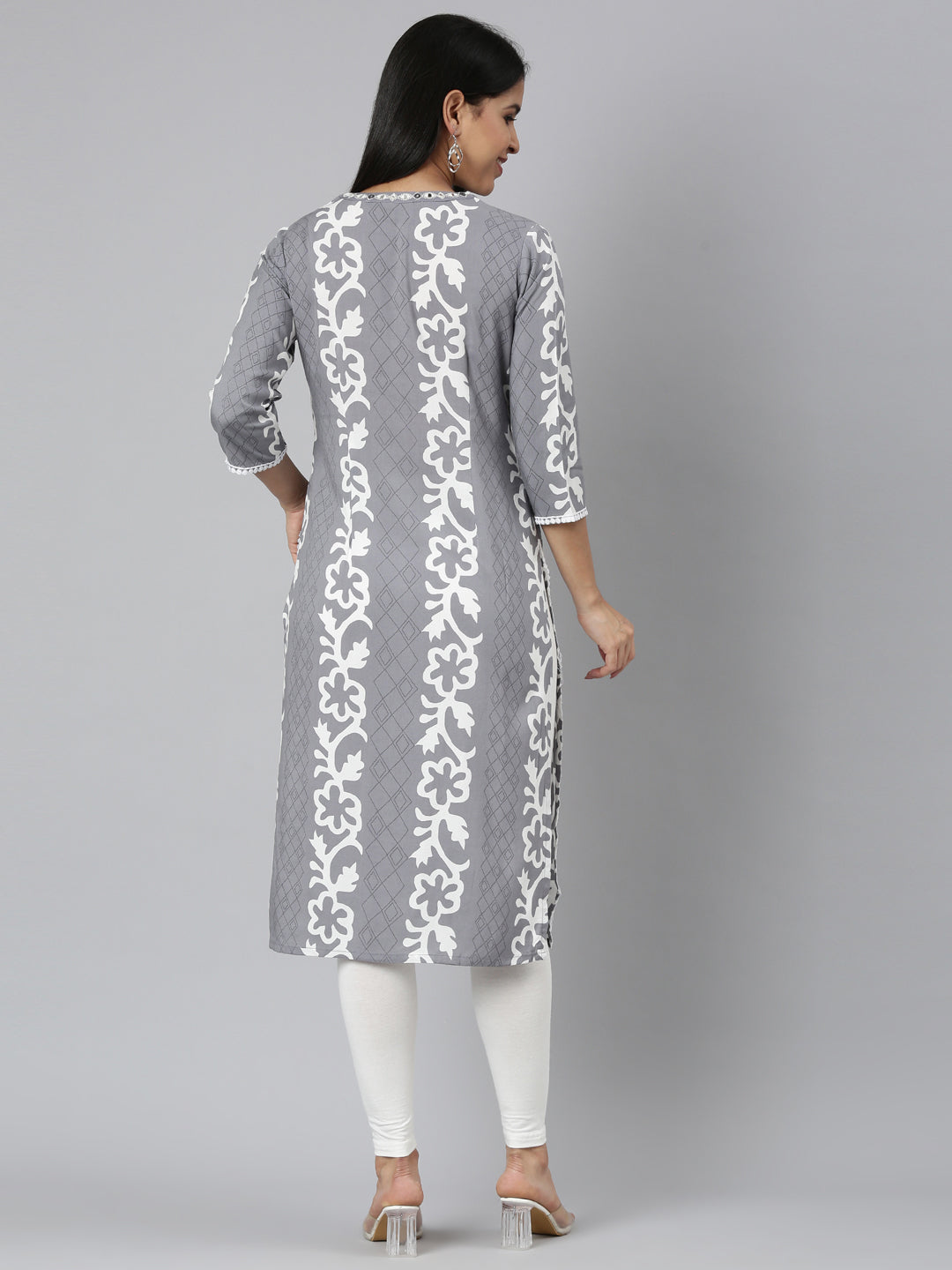 Neerus Grey rayon printed straight kurta - side view