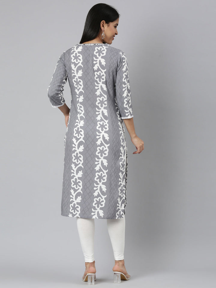 Neerus Grey rayon printed straight kurta - side view