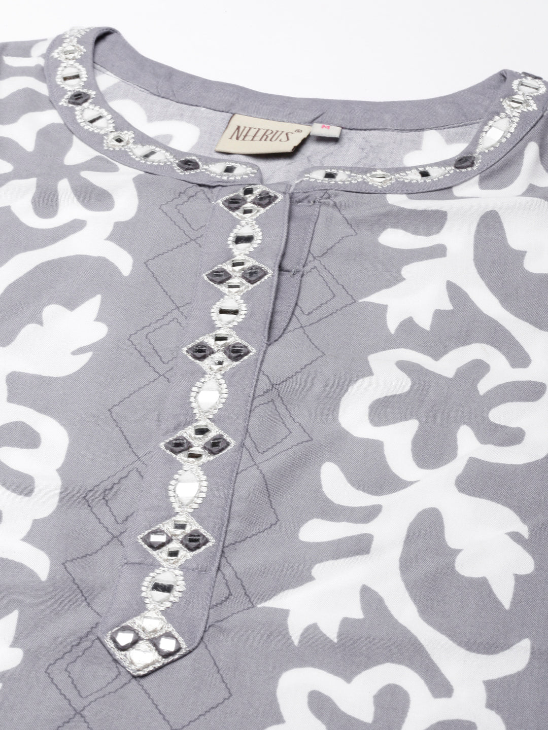 Neerus Grey rayon printed straight kurta - detail view 1