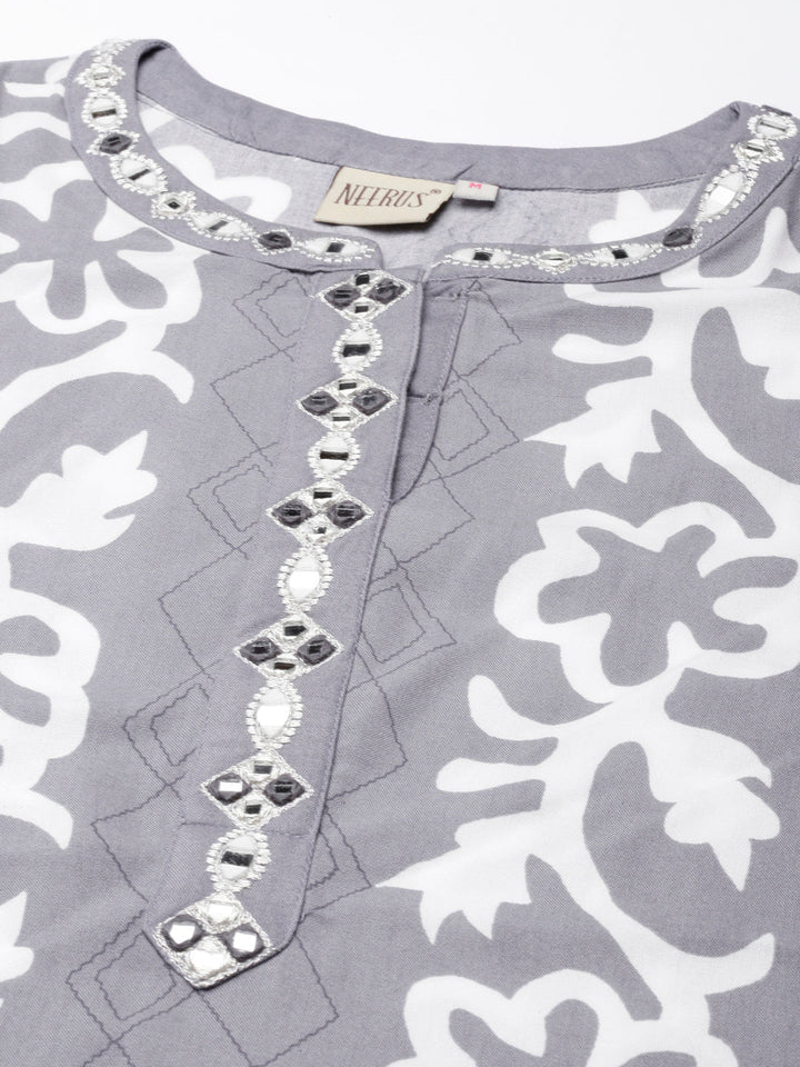 Neerus Grey rayon printed straight kurta - detail view 1