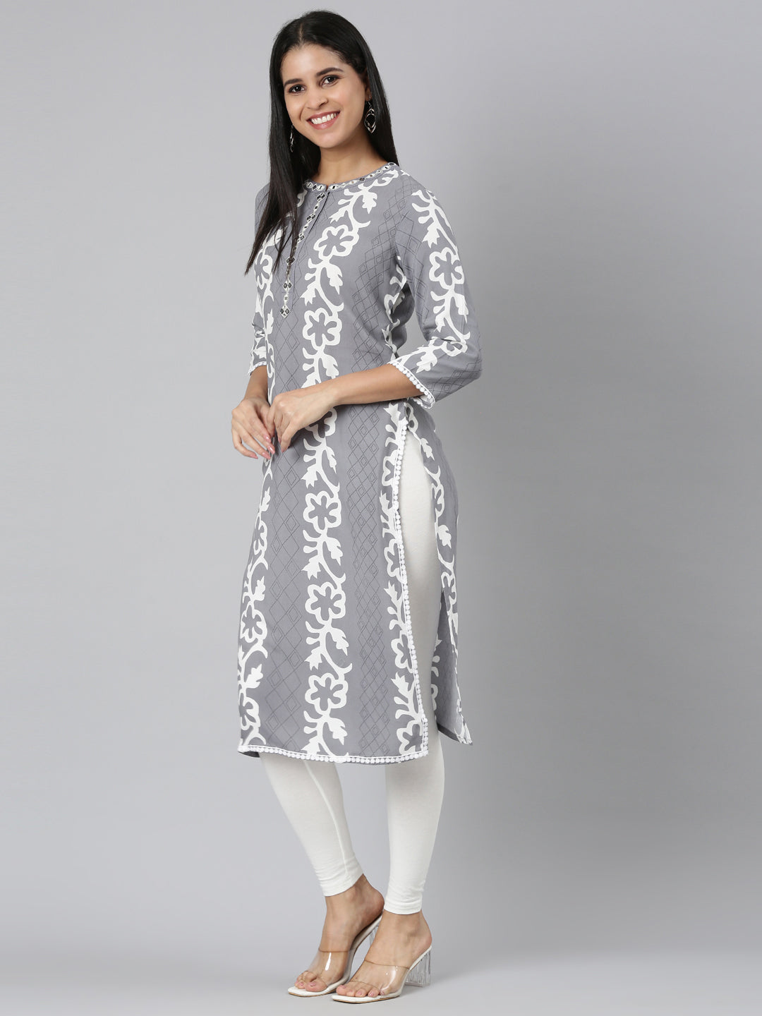 Neerus Grey rayon printed straight kurta - detail view 2