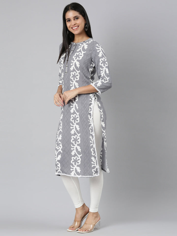 Neerus Grey rayon printed straight kurta - detail view 2