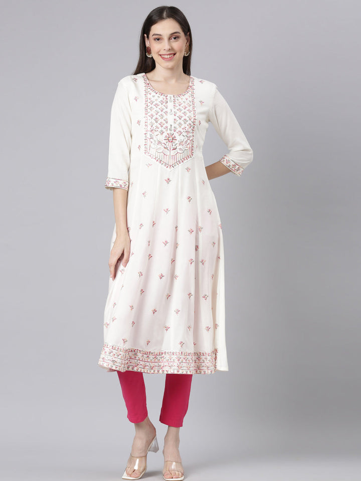 Neerus Cream Casual Solid Anarkali Kurtas