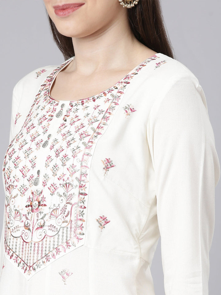 Neerus Cream Casual Solid Anarkali Kurtas
