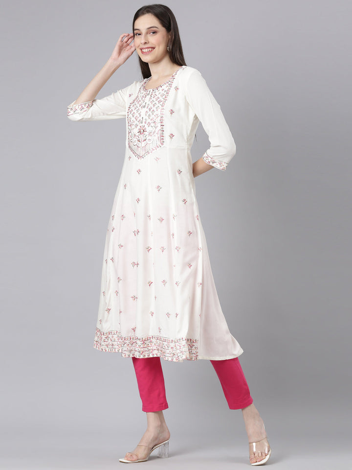 Neerus Cream Casual Solid Anarkali Kurtas