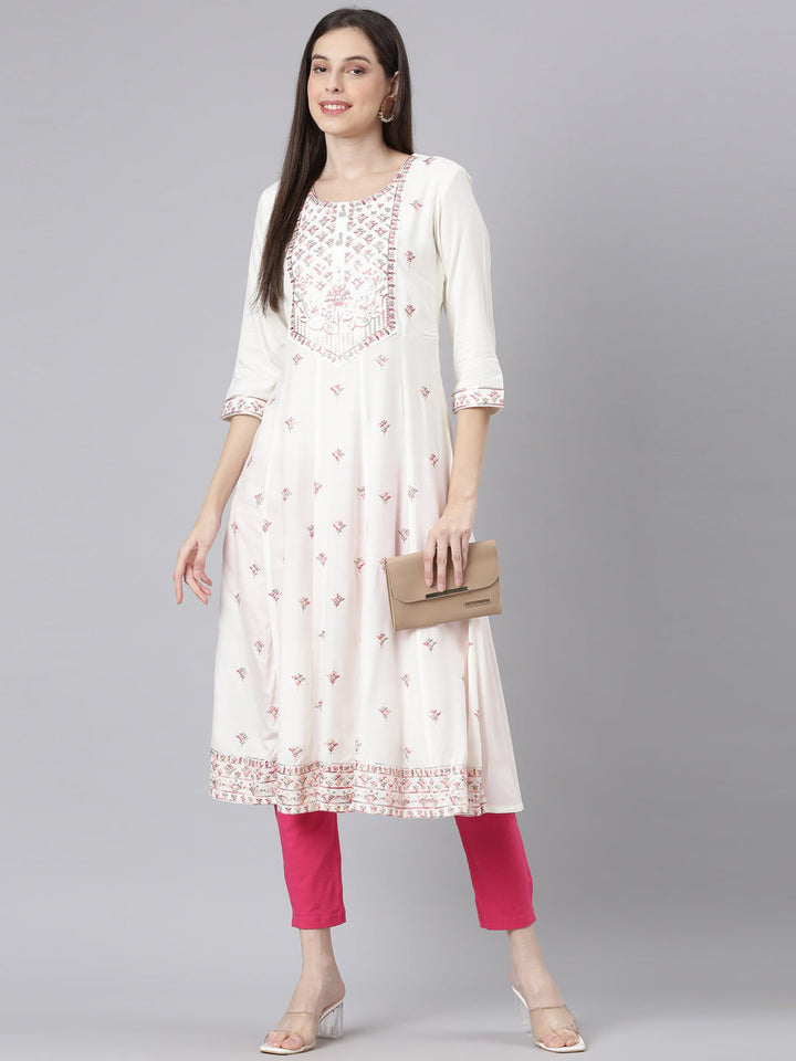 Neerus Cream Casual Solid Anarkali Kurtas