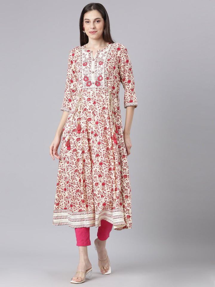 Neerus Cream Straight Casual Floral Dresses