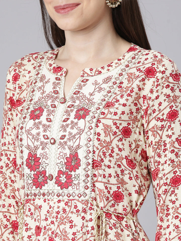 Neerus Cream Straight Casual Floral Dresses