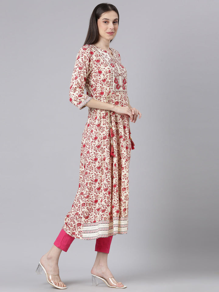 Neerus Cream Straight Casual Floral Dresses