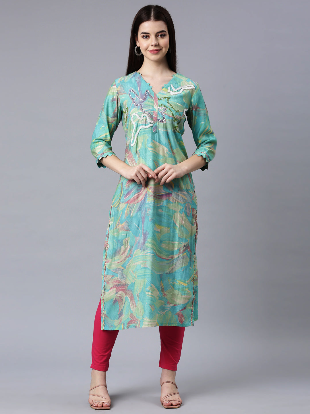 Neerus Green solid straight kurta - front view