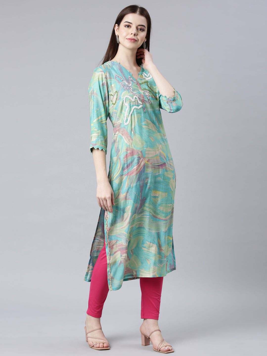 Neerus Green solid straight kurta - back view
