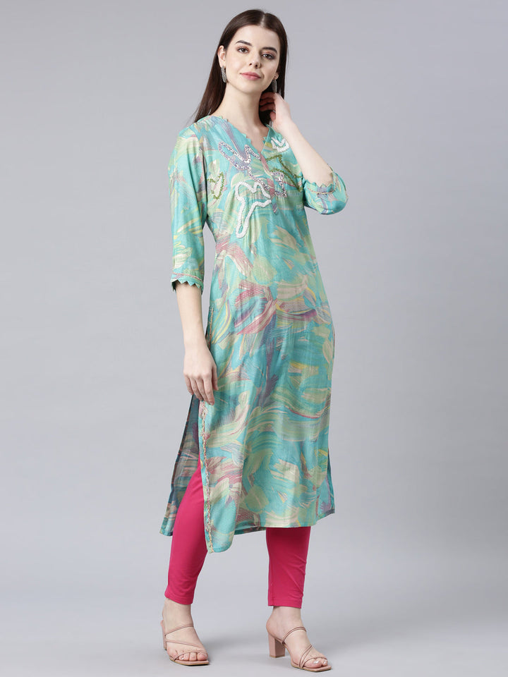 Neerus Green solid straight kurta - back view