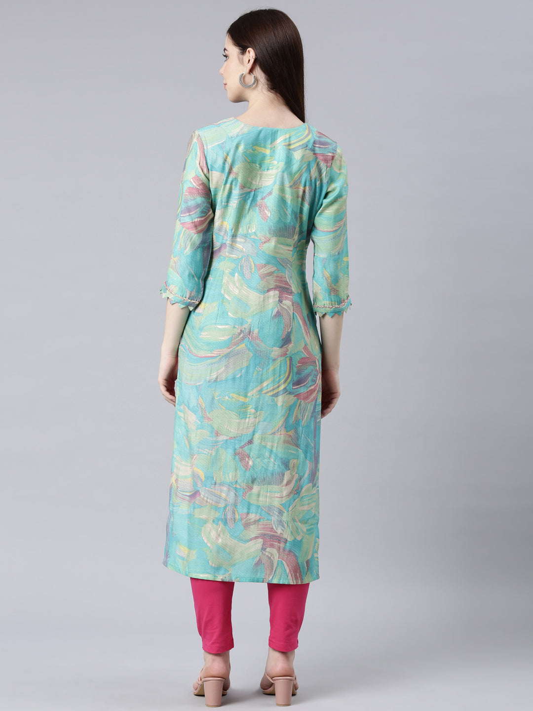 Neerus Green solid straight kurta - side view