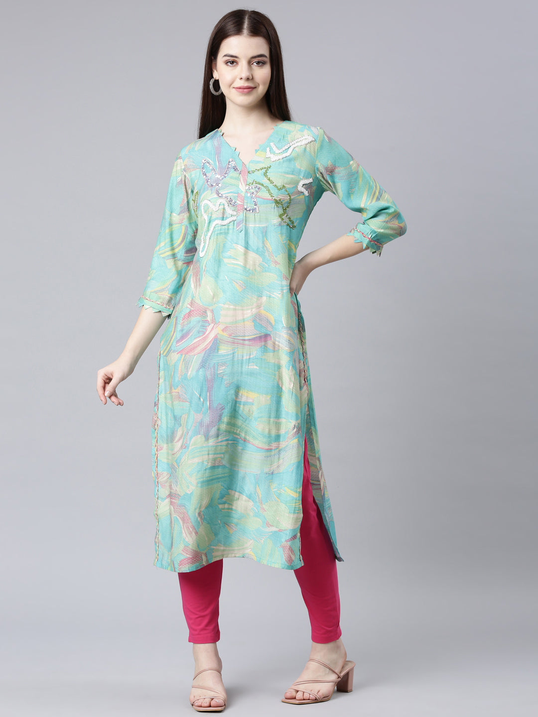 Neerus Green solid straight kurta - detail view 2