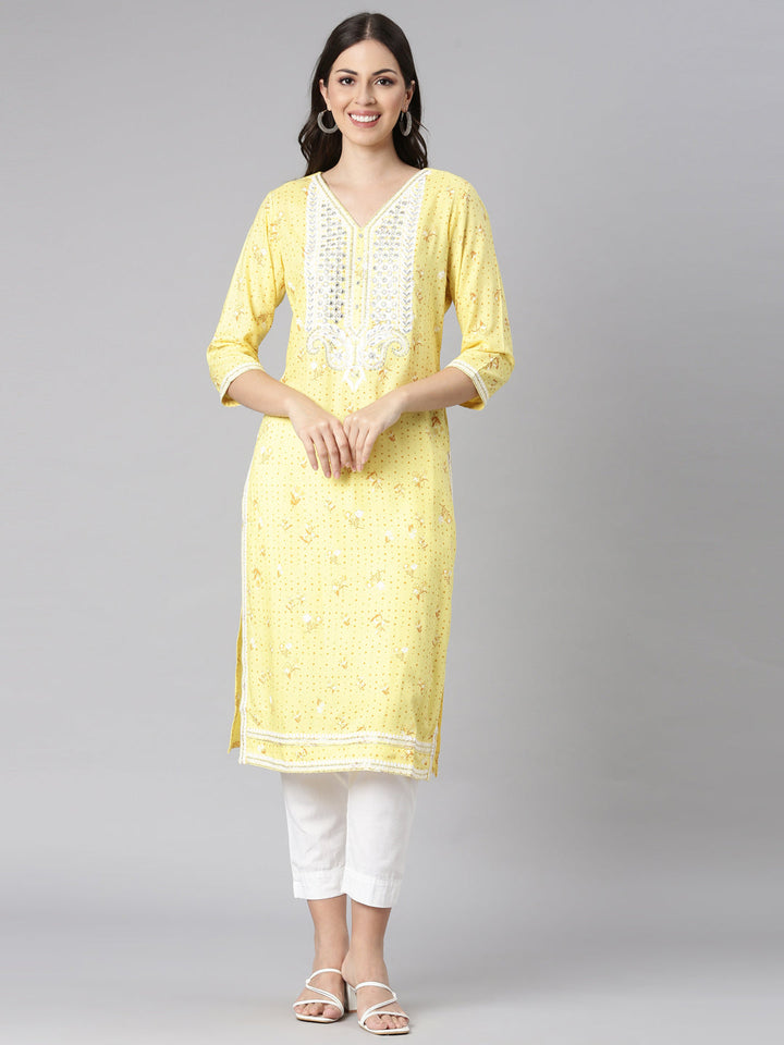 Neerus Yellow Casual Floral Straight Kurtas
