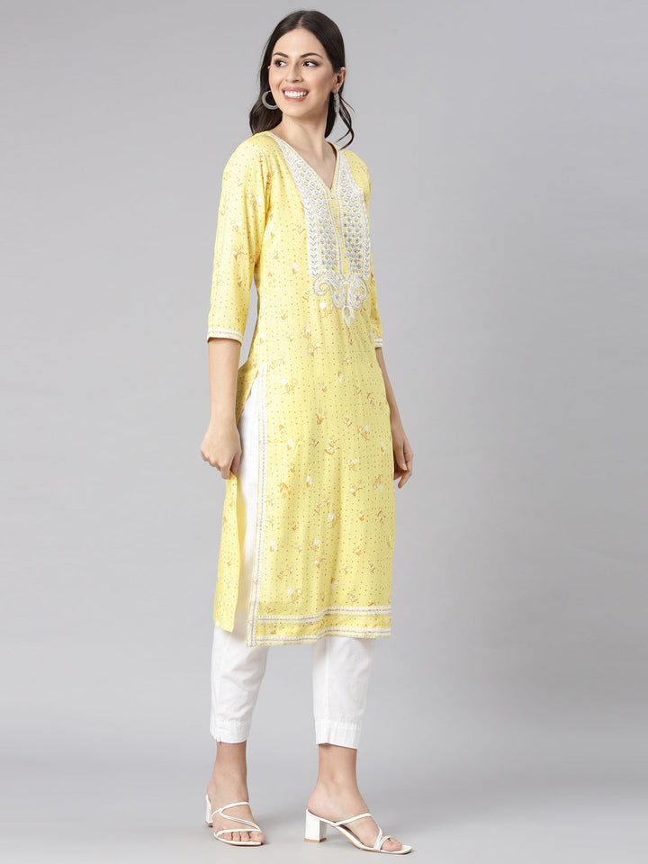 Neerus Yellow Casual Floral Straight Kurtas