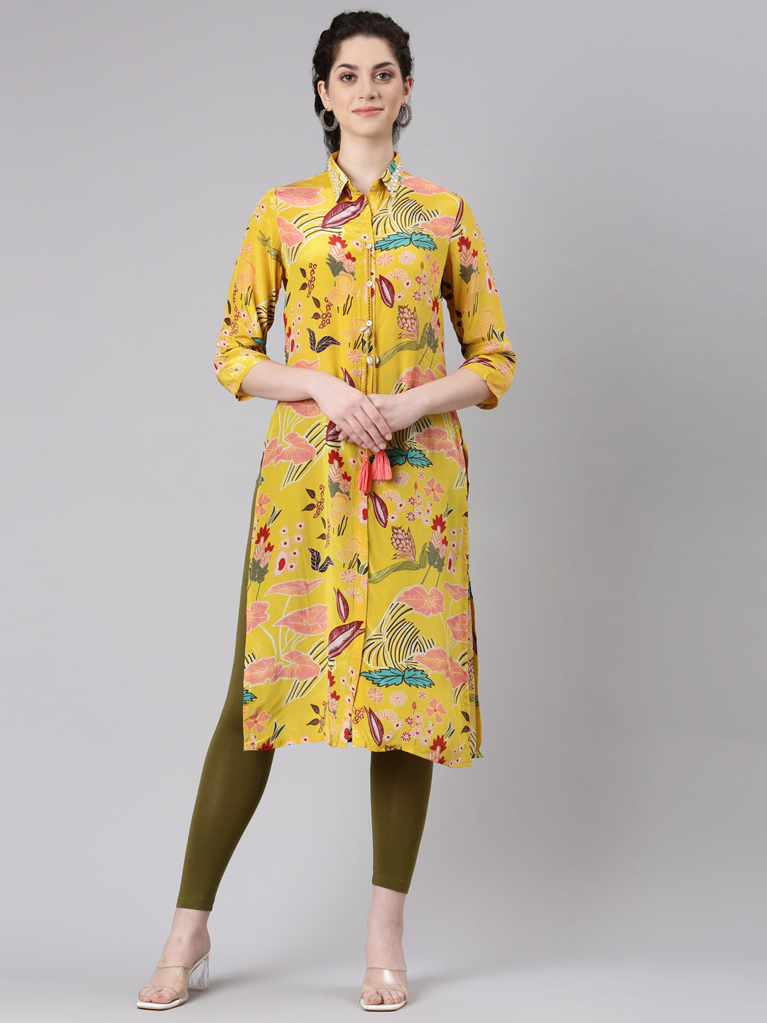 Neerus Yellow viscose rayon printed straight kurta - front view