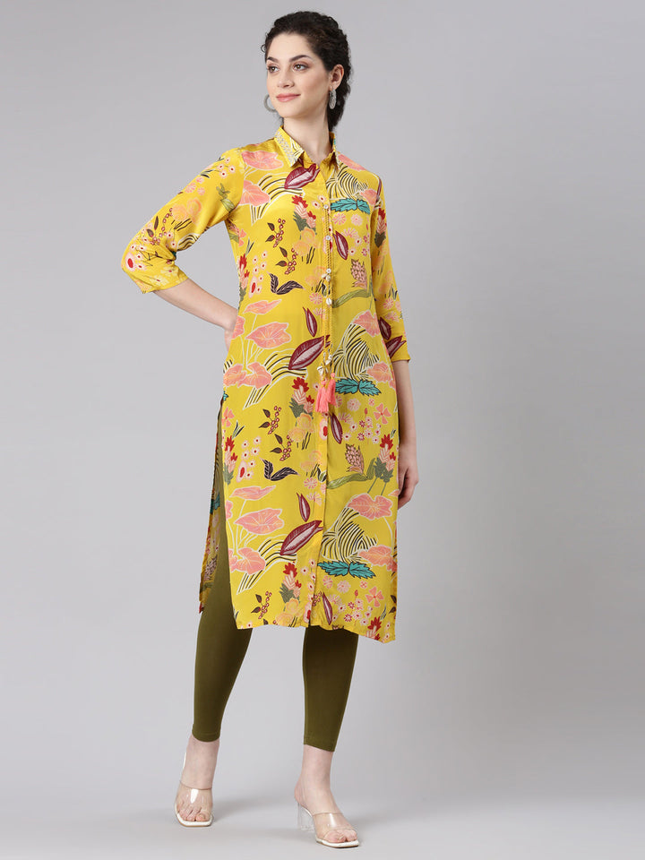 Neerus Yellow viscose rayon printed straight kurta - back view
