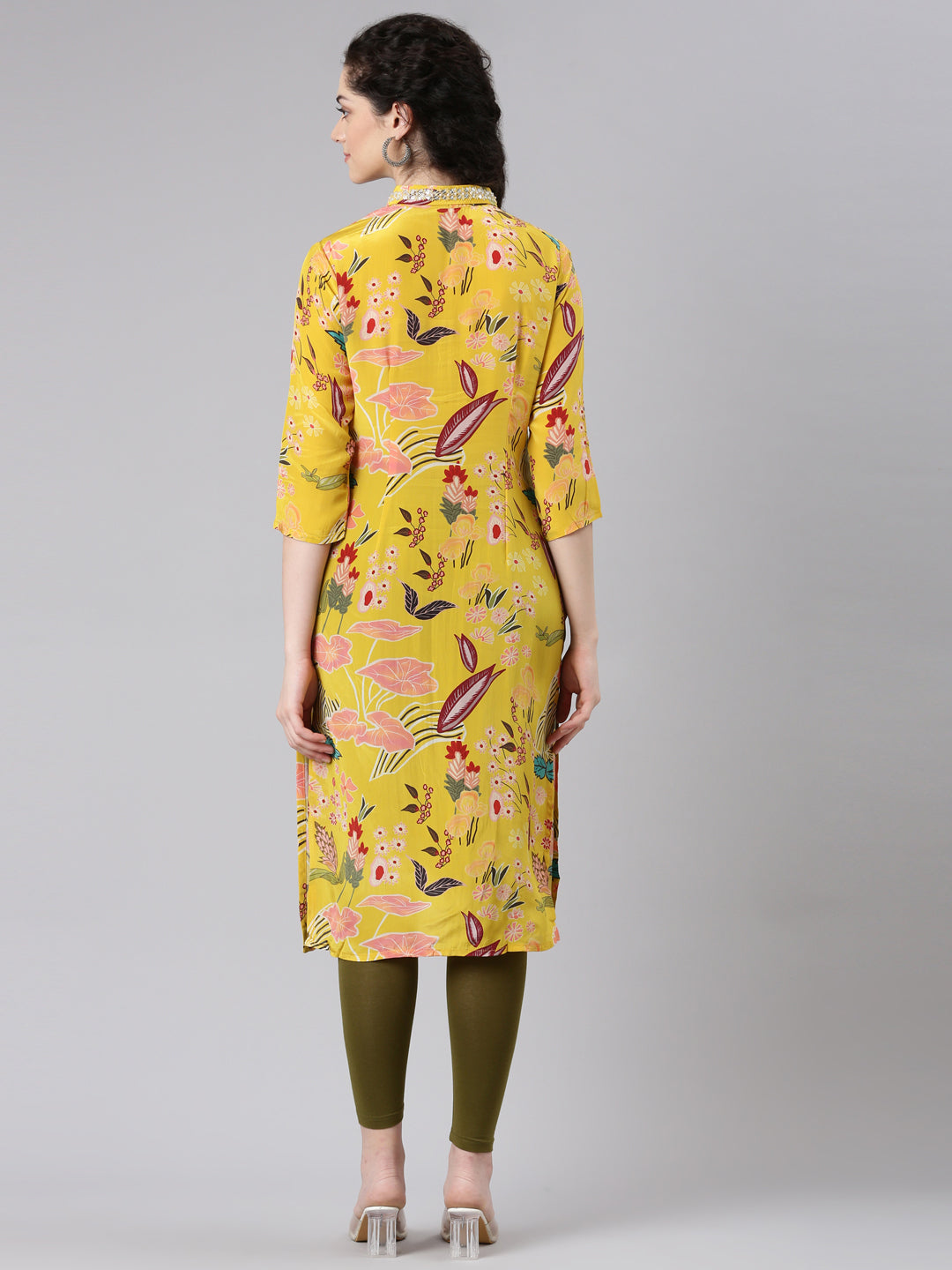 Neerus Yellow viscose rayon printed straight kurta - side view