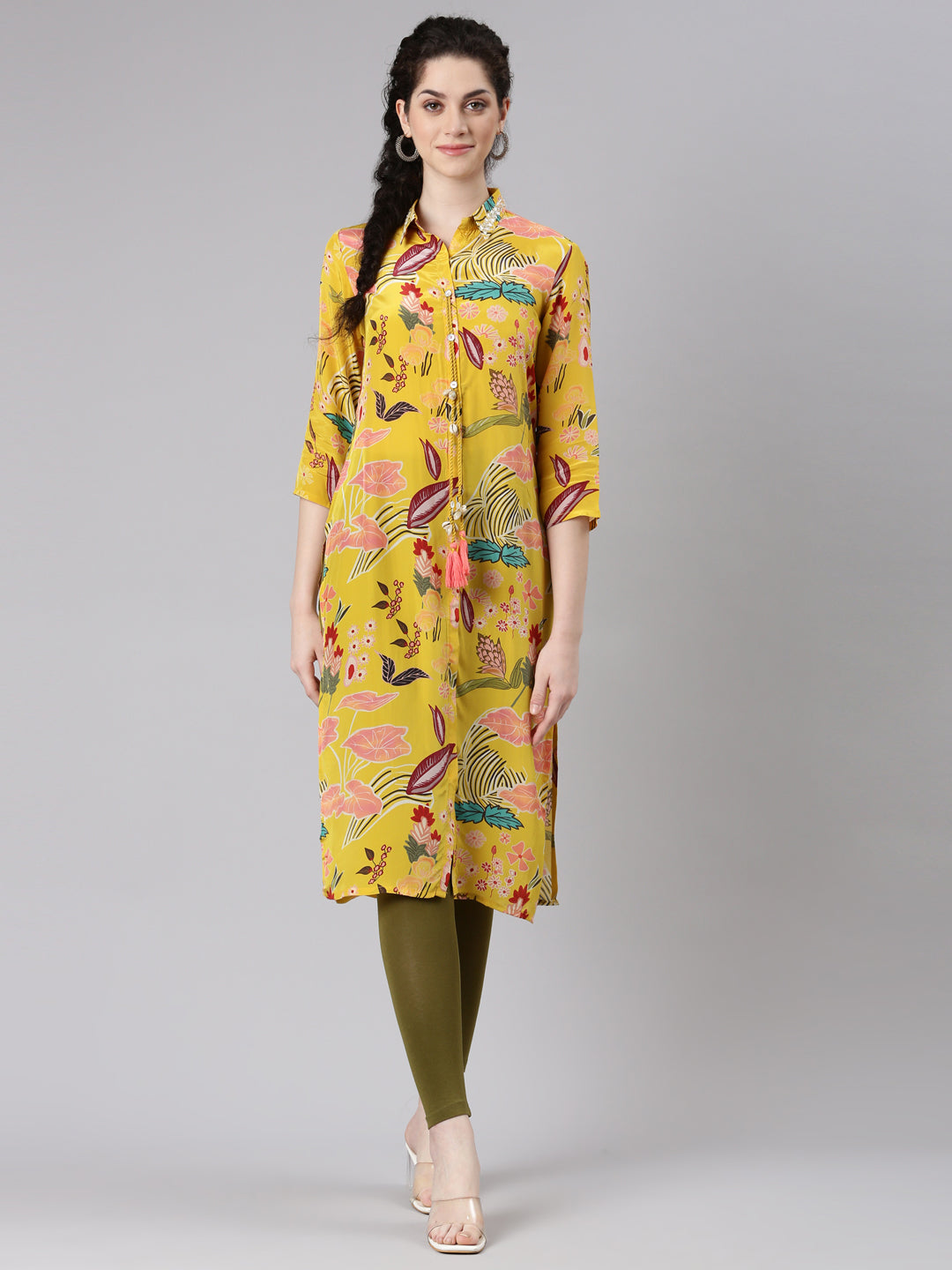 Neerus Yellow viscose rayon printed straight kurta - detail view 2