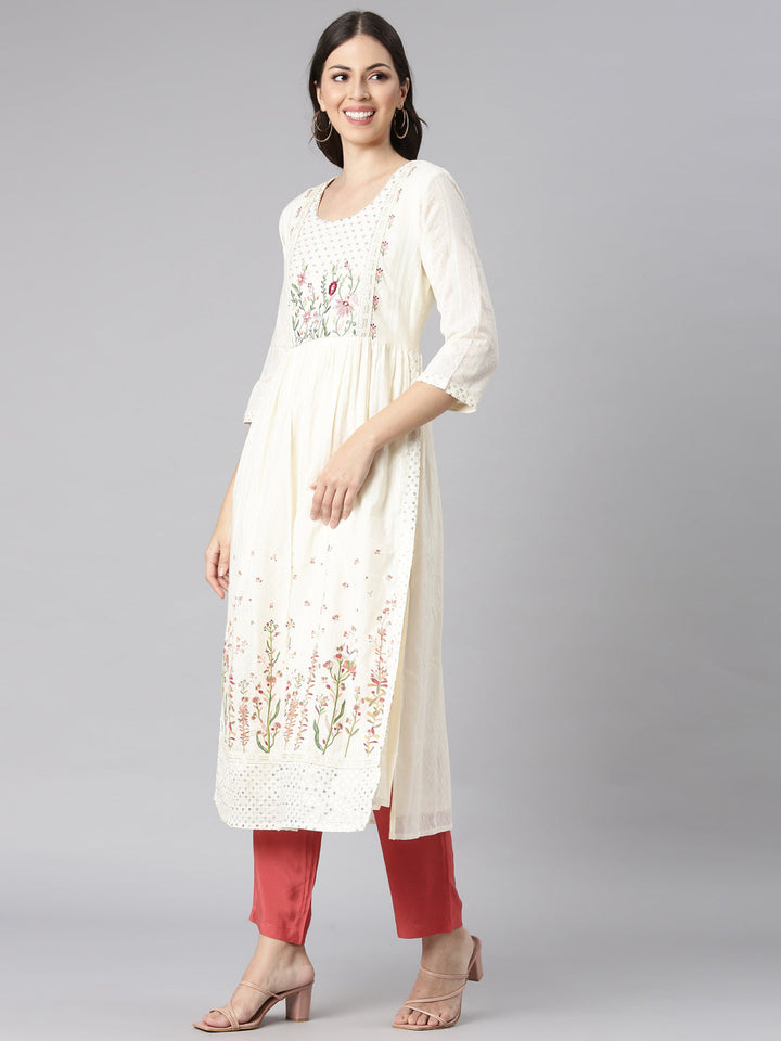 Neerus Cream Casual Solid Straight Kurtas