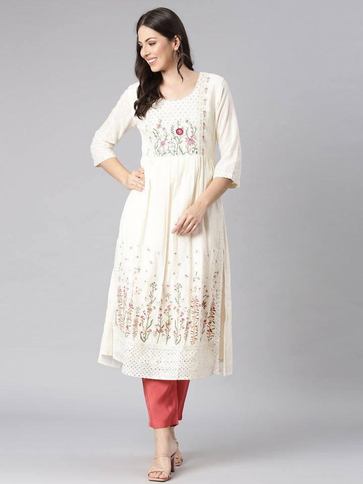 Neerus Cream Casual Solid Straight Kurtas
