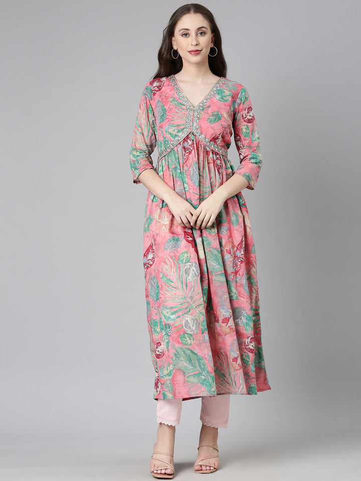 Neerus Pink Casual Floral Maxi Dresses
