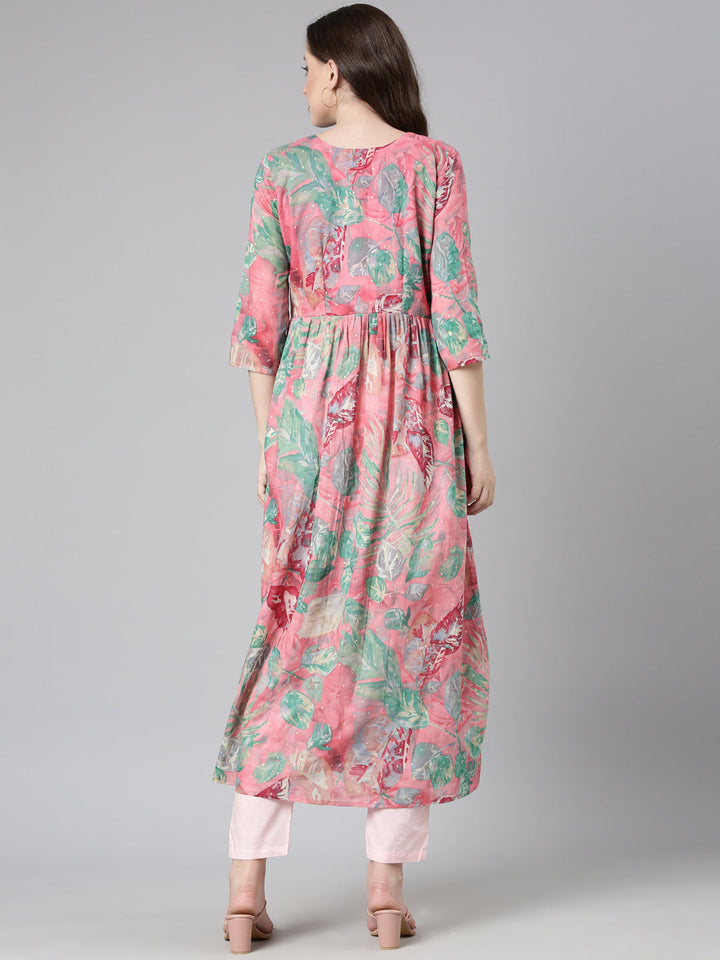 Neerus Pink Casual Floral Maxi Dresses