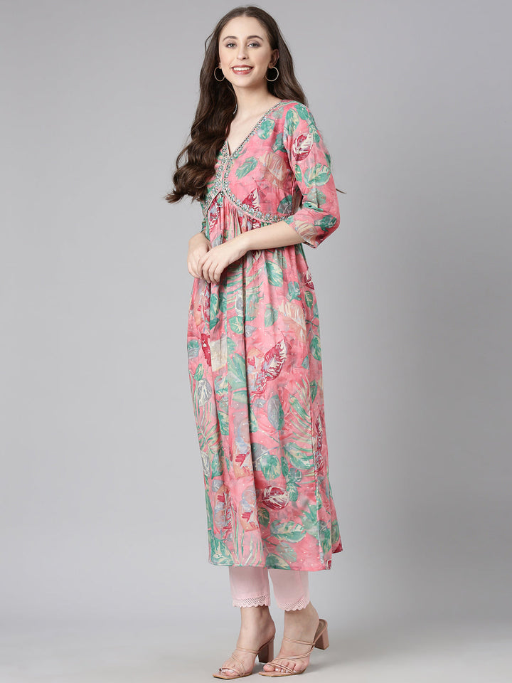Neerus Pink Casual Floral Maxi Dresses
