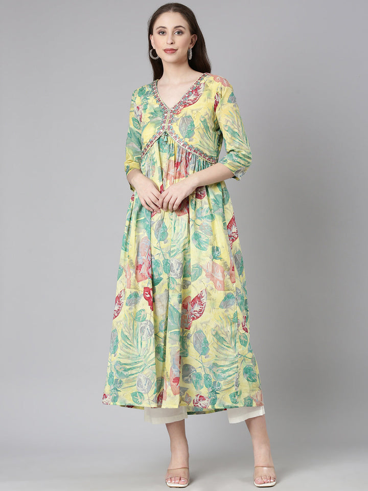 Neerus Yellow Casual Floral Maxi Dresses