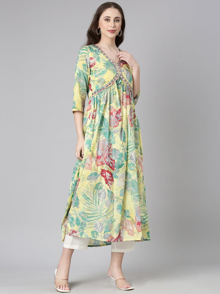 Neerus Yellow Casual Floral Maxi Dresses