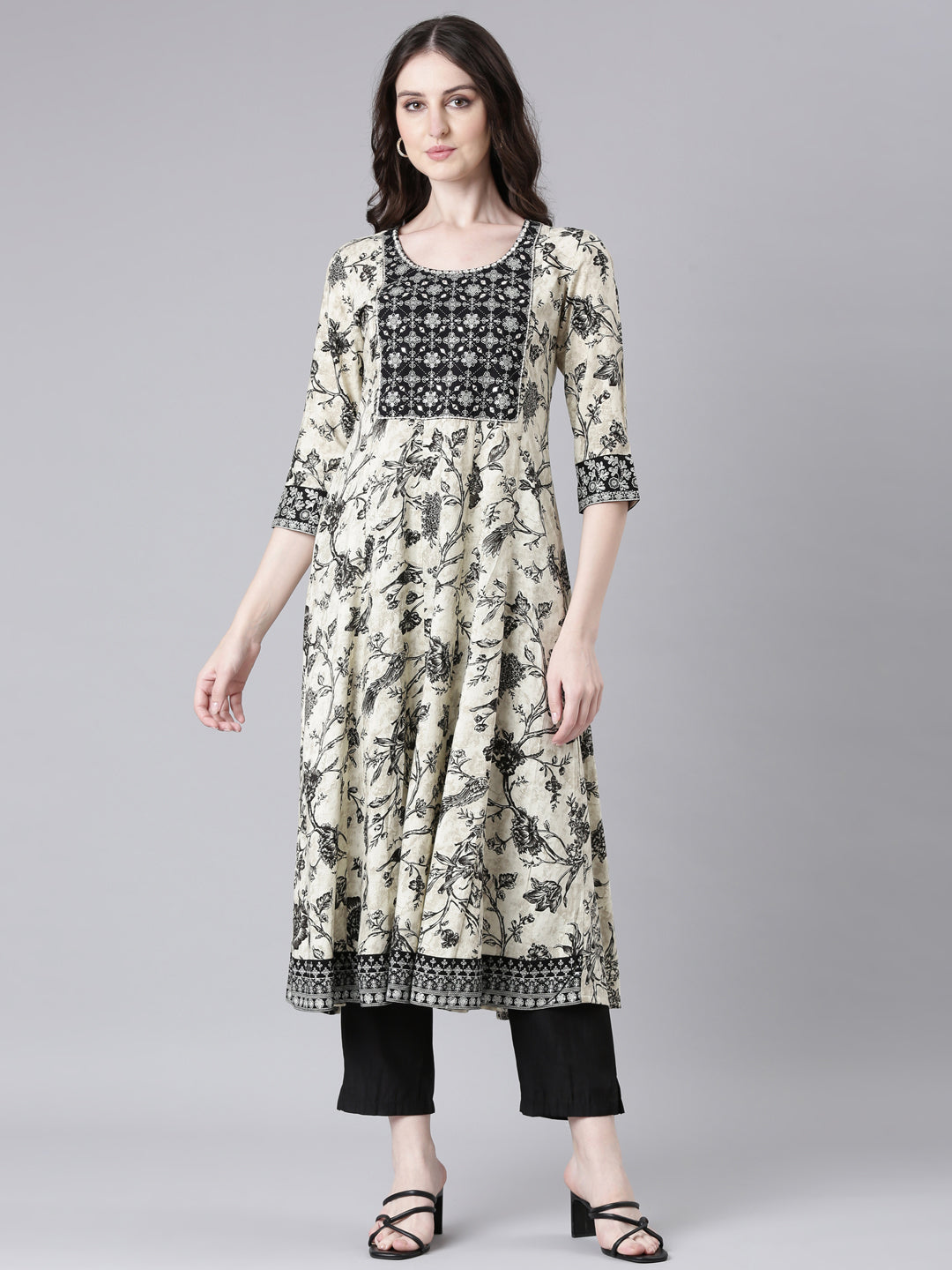 Neerus Black rayon printed Anarkali kurti - front view