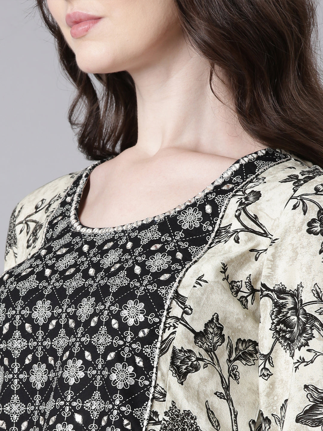 Neerus Black rayon printed Anarkali kurti - detail view 1