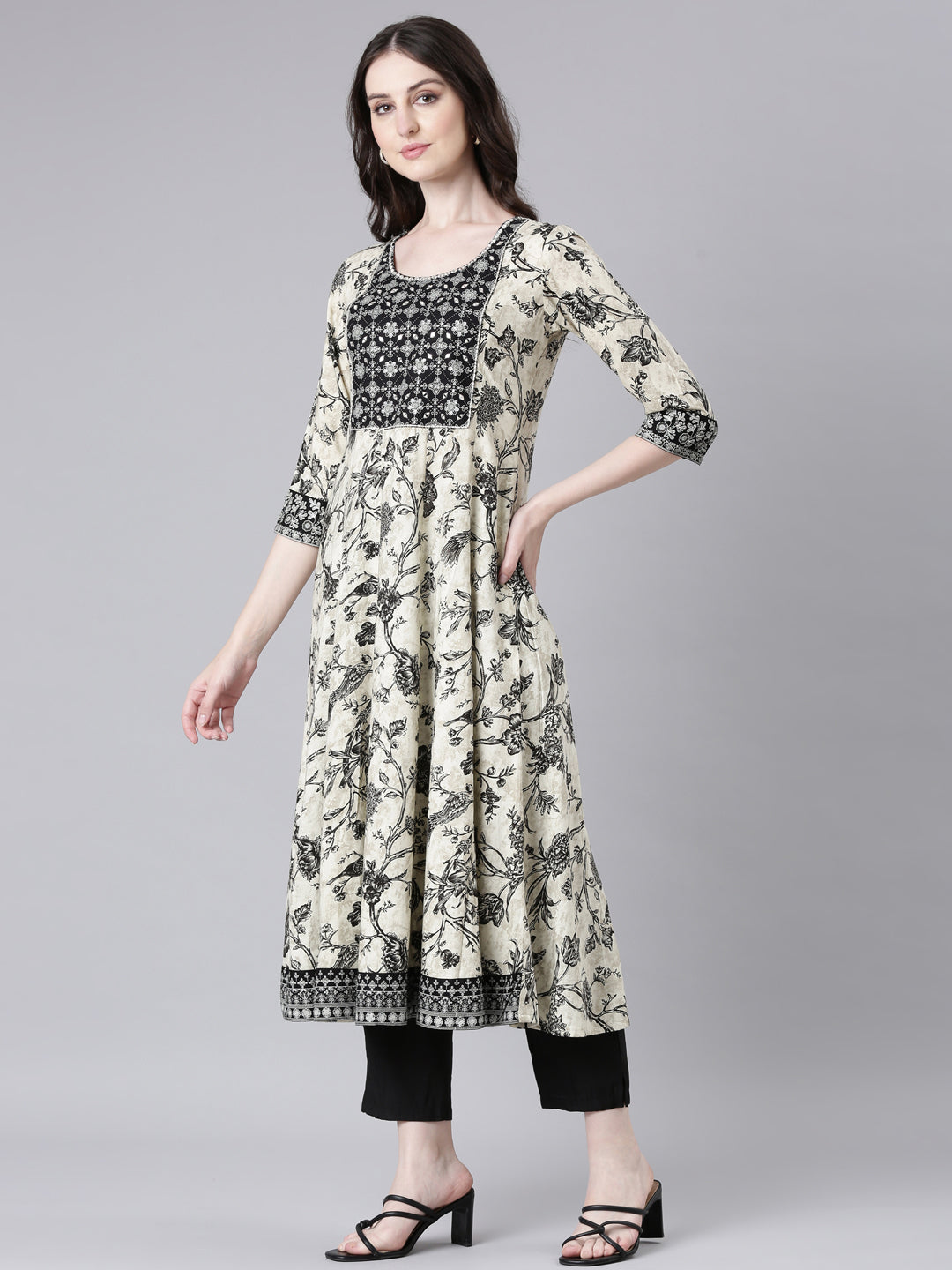 Neerus Black rayon printed Anarkali kurti - back view
