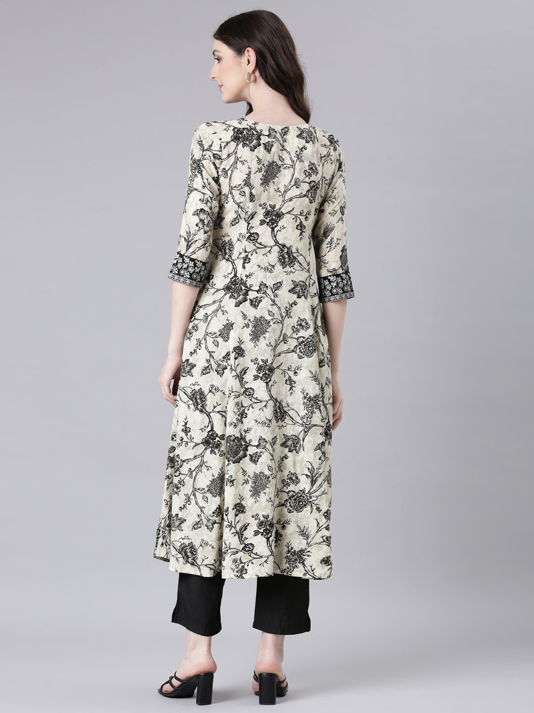 Neerus Black rayon printed Anarkali kurti - side view