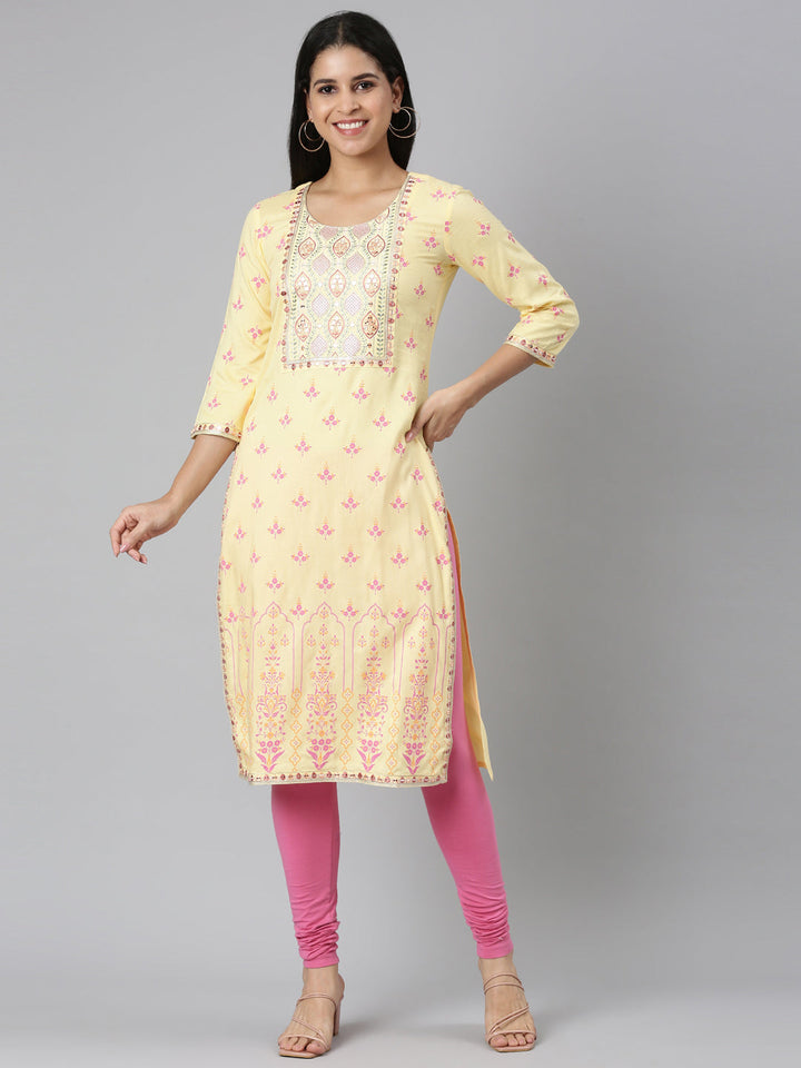 Neerus Yellow rayon printed straight kurta - front view