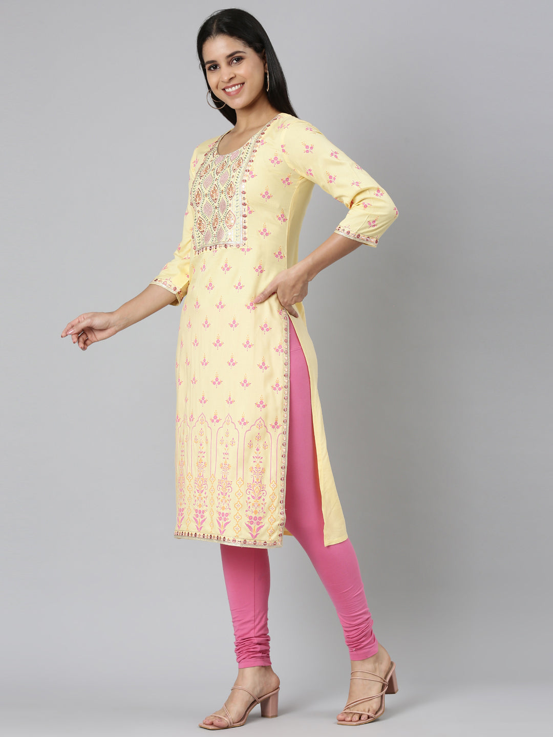 Neerus Yellow rayon printed straight kurta - back view