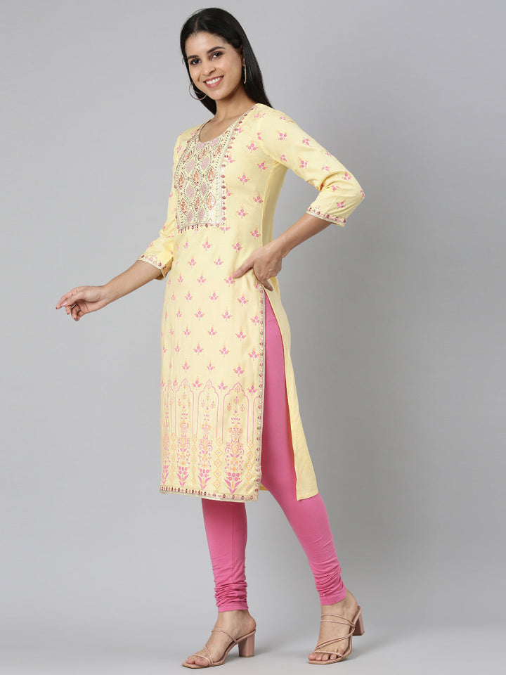 Neerus Yellow rayon printed straight kurta - back view
