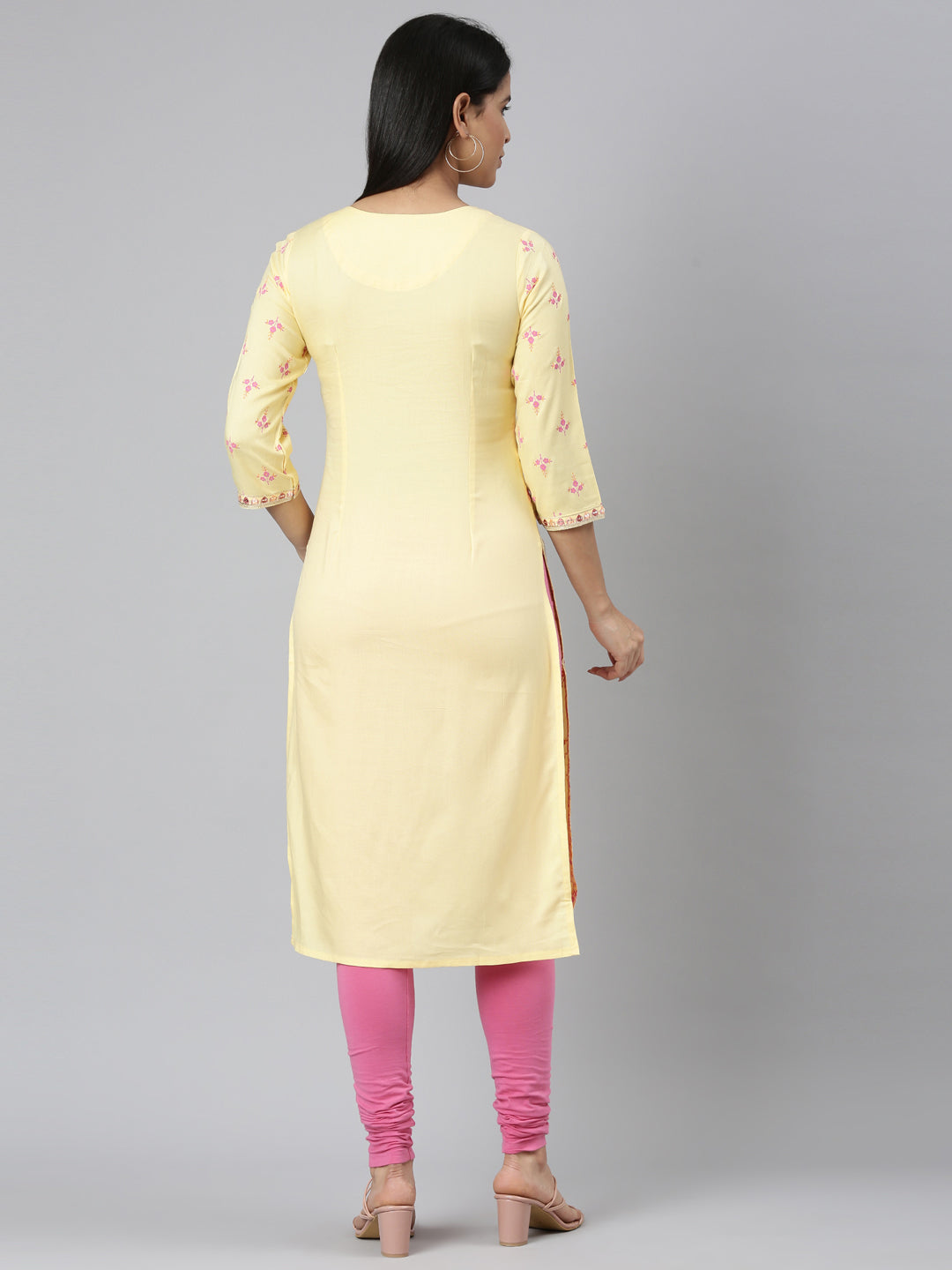 Neerus Yellow rayon printed straight kurta - side view