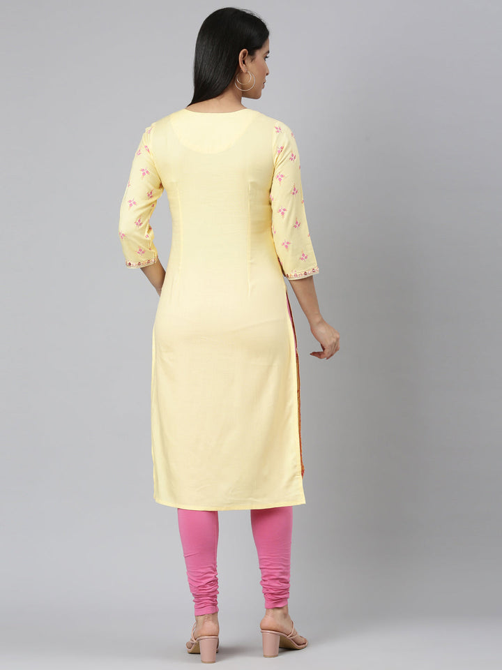 Neerus Yellow rayon printed straight kurta - side view