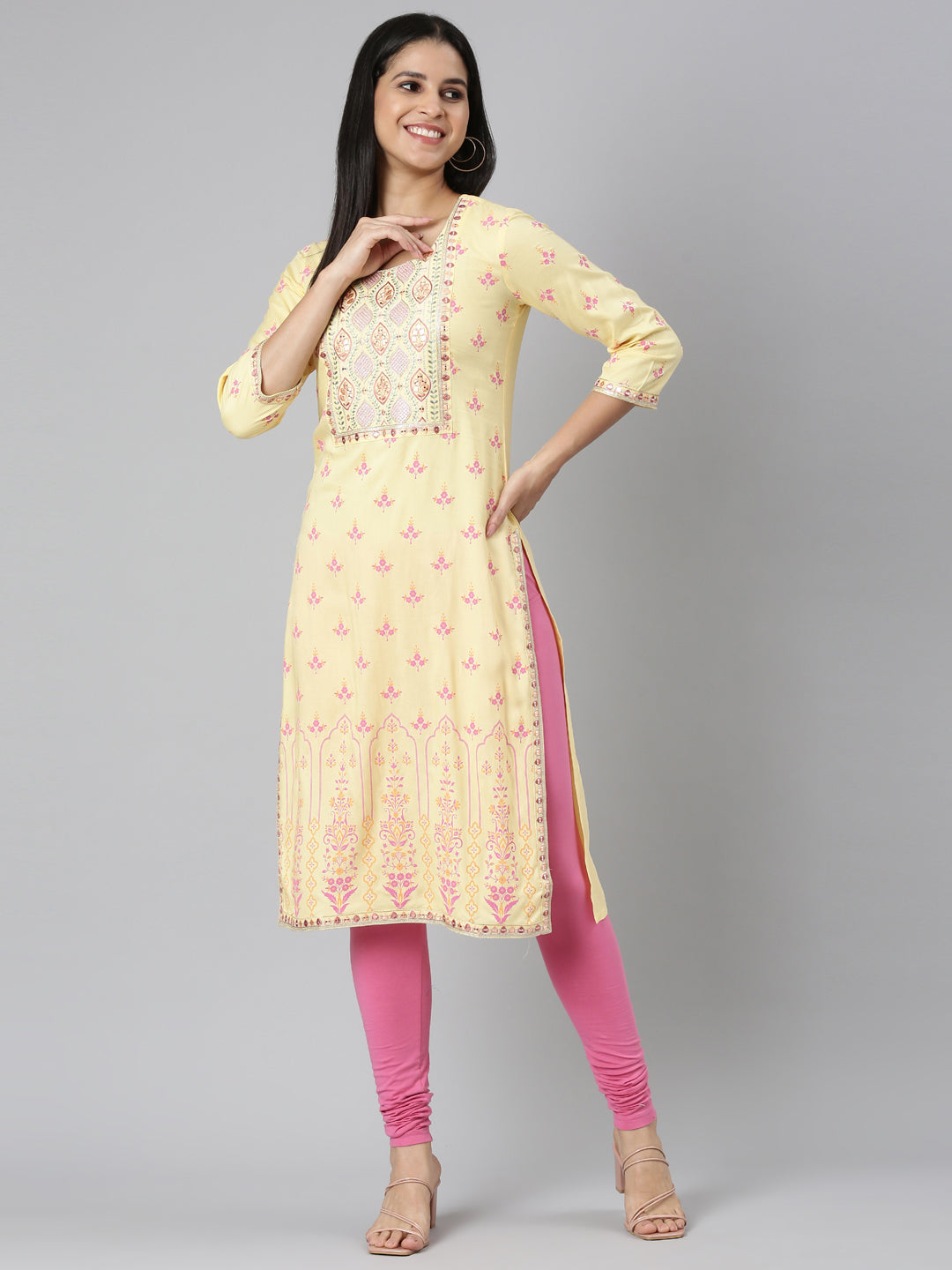 Neerus Yellow rayon printed straight kurta - detail view 2