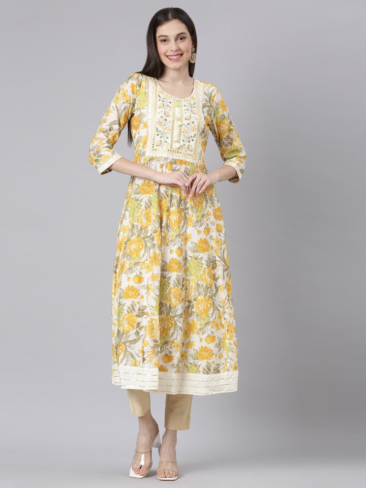 Neerus Yellow Straight Casual Floral Dresses