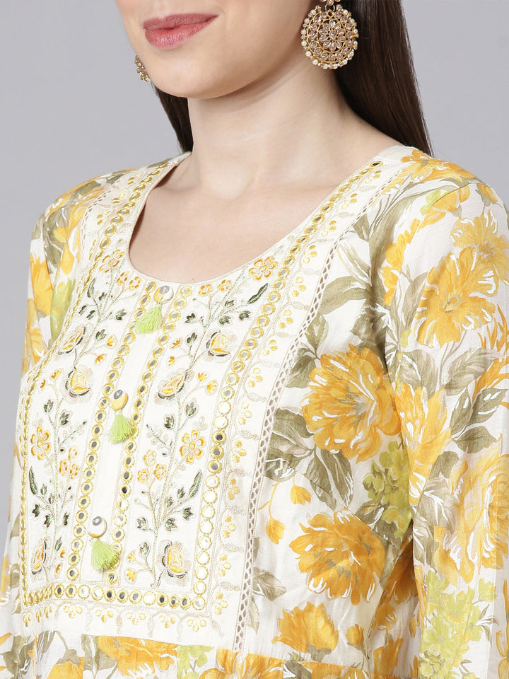 Neerus Yellow Straight Casual Floral Dresses