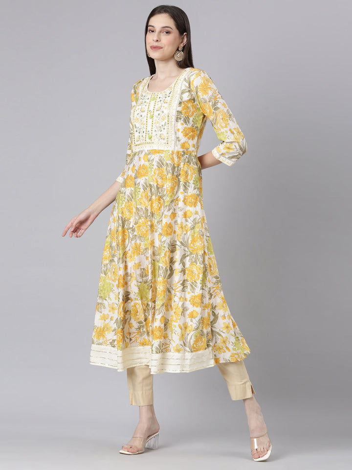 Neerus Yellow Straight Casual Floral Dresses