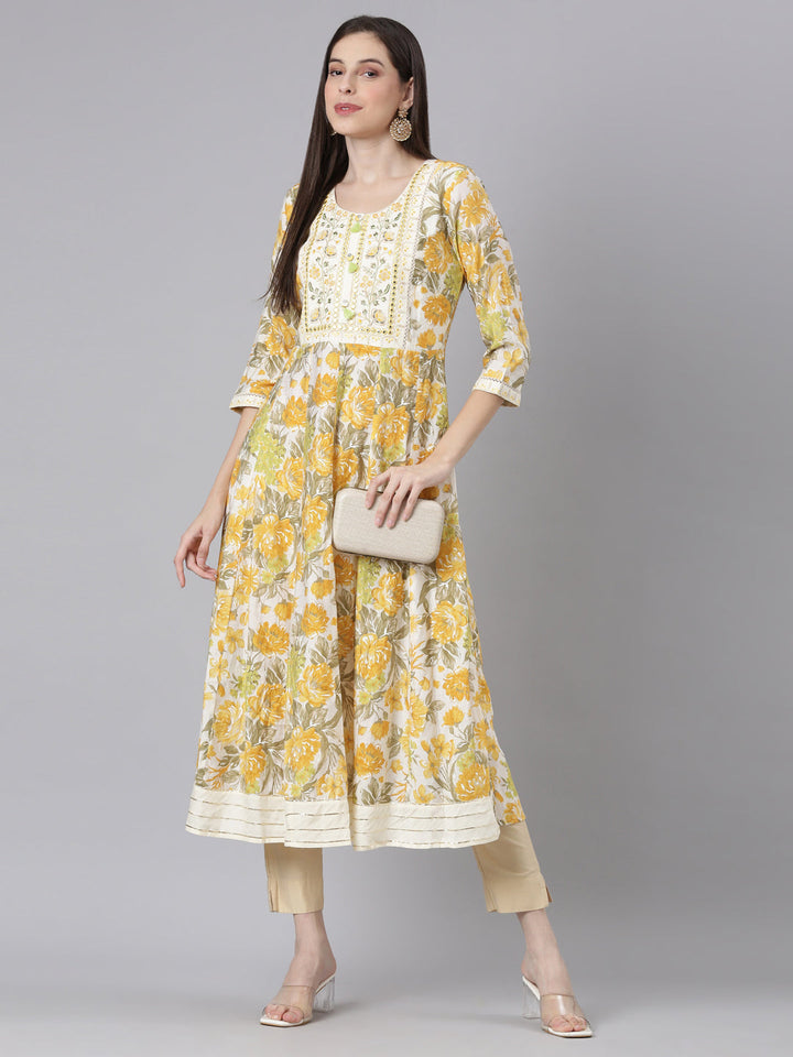 Neerus Yellow Straight Casual Floral Dresses