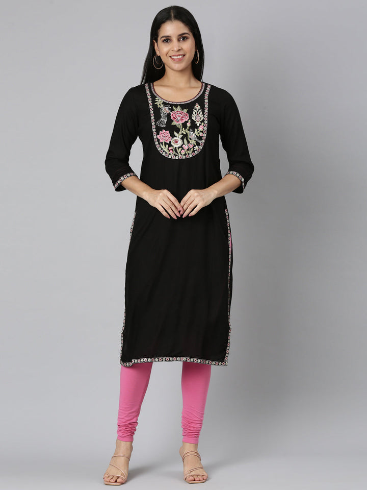 Neerus Black rayon printed straight kurta - front view