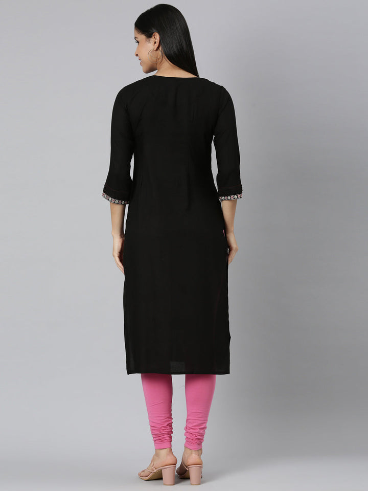 Neerus Black rayon printed straight kurta - side view